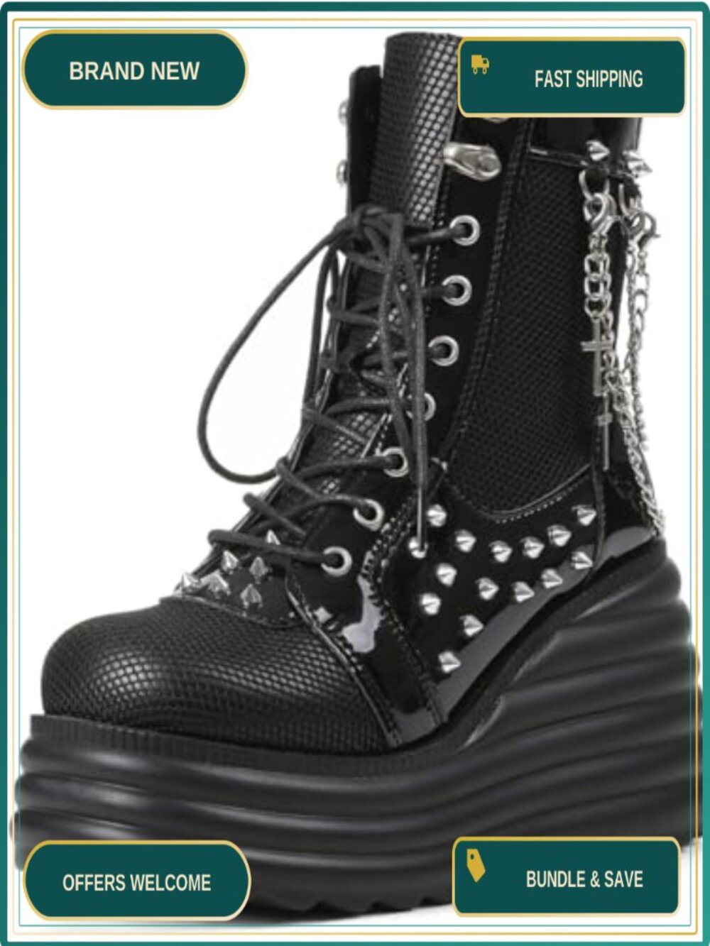 Platform Combat Boots Faux Leather Ankle Booties Punk Chain Stud Rave Goth